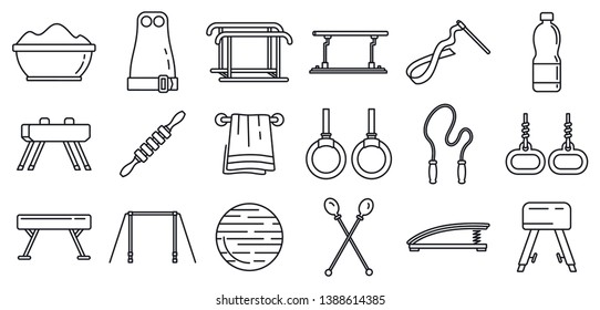 Modern gymnastics equipment icons set. Outline set of modern gymnastics equipment vector icons for web design isolated on white background