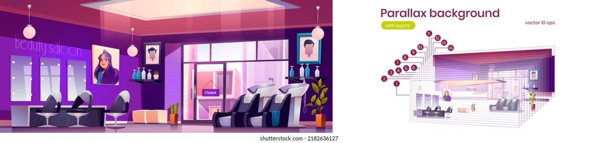 peluquería moderna con sillones de peluquería, lavabos, espejos y cosméticos en las estanterías. Antecedentes paralelos vectoriales listos para la animación 2d con ilustración de dibujos animados del interior del salón de belleza vacío