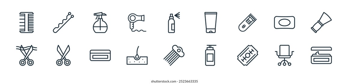 modern hairdressing icon pack. perfect for linear ui designs featuring vector cream, chair, razor, liquid soap, hair comb, hair, cream and more icons for mobile and web apps.