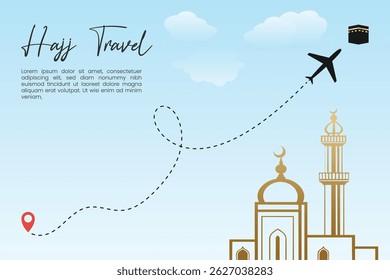 Modern Hajj travel vector template with airplane, Kaaba icon, mosque silhouette, and location marker featuring a dotted flight path. Suitable for Islamic pilgrimage or travel agency themes.