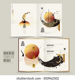 modern half-fold brochure template design with attractive brush stroke