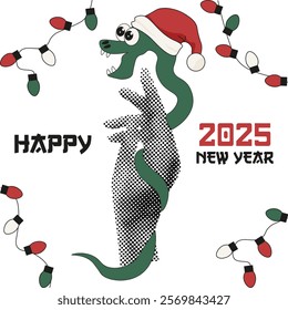 Modern Halftone 2025 New Year greeting poster template design. Happy New Year card with Luna symbol 2025 Chinese New Year. Vector illustration with snake typography.