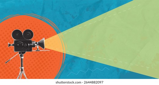 Modern halftone art collage. Image of retro movie camera isolated on blue background. Conceptual art, vintage stuff, Copy space for advertising