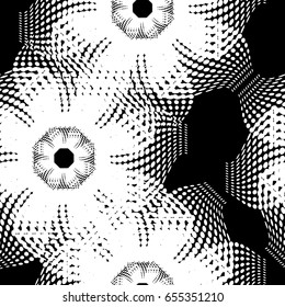 Modern halftone background with abstract geometric flowers. Seamless pattern. Vector clip art.