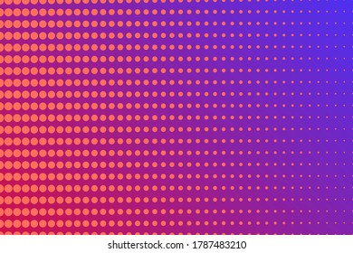 Modern halftone background in bright colors. Abstract geometric poster with orange dots and circles on a violet background. Vector illustration in neon bold colors.