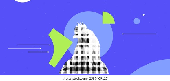 Modern halftone chicken collage on geometric background for trendy art decor