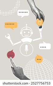 Moderno collage de medio tono. El concepto de inteligencia artificial de la IA, servicio en línea para responder preguntas, viene con una nueva idea. Manos de medio tono tomando nuevas ideas y consejos de chatbot. Collage de negocios moderno