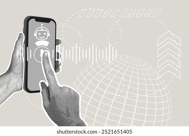 Modern halftone collage. Artificial intelligence enabled internet search concept, finding a solution. Smartphone in hand with voice icon on virtual screen to talk to chatbot.