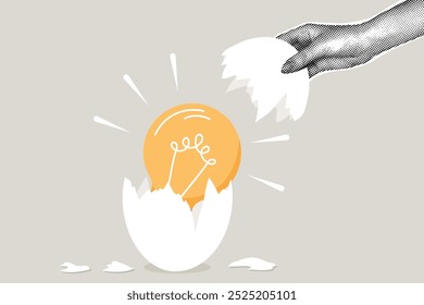 Modern halftone collage. Concept birth of an idea, creation or discovery, business solution, brilliant idea. Halftone hand removes part of shell from egg, light bulb inside idea. Modern business