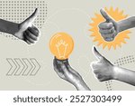 Modern halftone collage. Concept of idea, success, endorsement, banner with yes choice. Hands with thumbs up gestures.Modern business collage for design