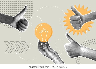 Modern halftone collage. Concept of idea, success, endorsement, banner with yes choice. Hands with thumbs up gestures.Modern business collage for design