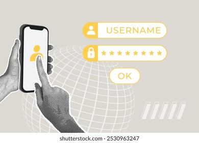 Moderno collage de medio tono. Concepto de Inicio de sesión y Contraseña para un acceso seguro a Internet, éxito empresarial, protección de datos, ciberseguridad. Collage de negocios moderno para el diseño