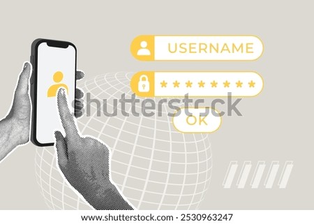 Modern halftone collage. Concept of login and password for secure internet access, business success, data protection, cybersecurity. Modern business collage for design
