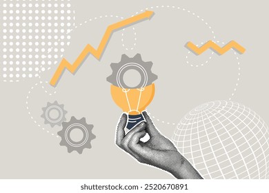 Moderna colagem de meio-tom. Desenvolvimento de conceito de produto, solução para problema de negócios, ideia, conceito de eficiência, inovação, criação de tecnologia para novo produto. Ilustração criativa de negócios para banner da Web