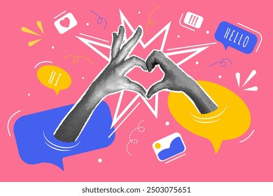 Modern halftone collage. Concept of social media dependency, socializing, influence, modern lifestyle and advertising. Vector illustration