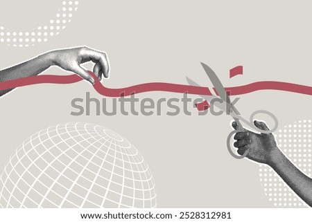 Modern halftone collage. Concept of starting a new business, opening ceremony, launching a new product. Halftone hand cutting red ribbon with scissors symbolizing opening or starting a new. Modern