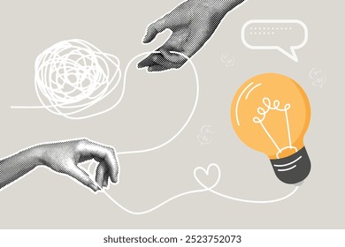 Modern halftone collage.The concept of unraveling a tangle of problems,solving a complex issue,problems,difficulties.Hands help unravel the tangle of problems and come up with a simple light bulb idea