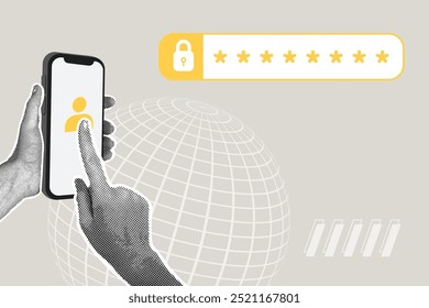 Moderna colagem de meio-tom. Cibersegurança. A pessoa usa smartphone, laptop, computador para inserir login e senha para proteger os dados e o acesso seguro à Internet. Ilustração criativa de negócios para web