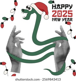 Modern Halftone collage with Halftone effect hand and green Snake. Happy 2025 Chinese New Year greeting poster cover. 2025 Halftone Collage isolated white background. Vector illustration EPS 10