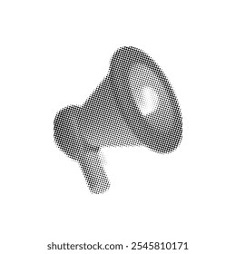 Modern halftone collage element with 3d cartoon bullhorn. Loudspeaker from retro newspaper parts. Comic dotted style megaphone. Announcing banner of news, sales. Vector isolated illustration.