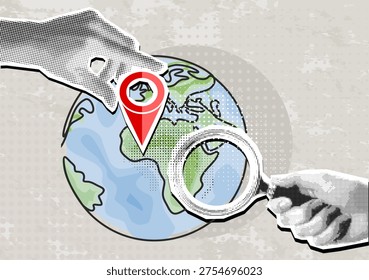 Modern halftone collage, global locations and travel hand with location pin point, globe, and paper airplane, worldwide reach