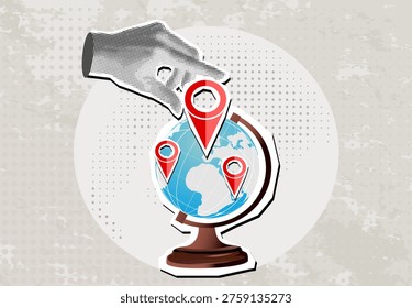 Modern halftone collage, global locations and travel hand with location pin point, globe, and hand with pin, worldwide reach