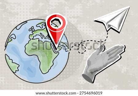 Modern halftone collage, global locations and travel hand with location pin point, globe, and paper airplane, worldwide reach