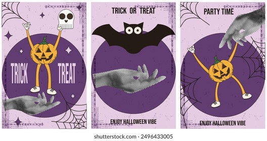 Moderne Halftone Collage Halloween Postkartenabdeckung Design mit trendigen körnigen Rauschtexturen. Retro Groovy Stil Helloween Poster Vorlage. Vintage Vektor Ästhetik kann Social Media Grußkarte verwendet werden 