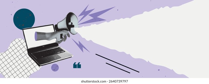 Modern halftone collage with a hand holding a megaphone emerging from a laptop screen and torn paper edge. Concept for online advertising, marketing, news, media, promo and digital propaganda. Vector 