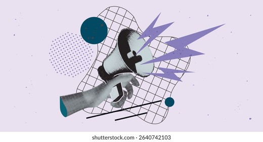 Modern halftone collage with hand holding megaphone. Social media news, promo, fake headlines and viral trends. Vector pop art illustration for marketing, propaganda, online ads, communication.