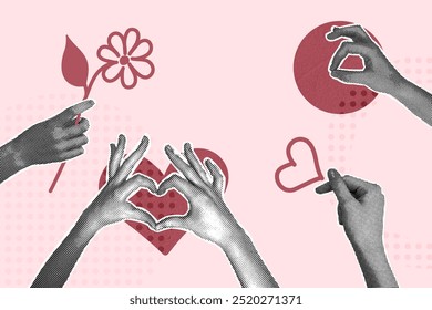 Modern halftone collage. Human hand and red heart. Concept of love, support, compassion, care. Vector illustration