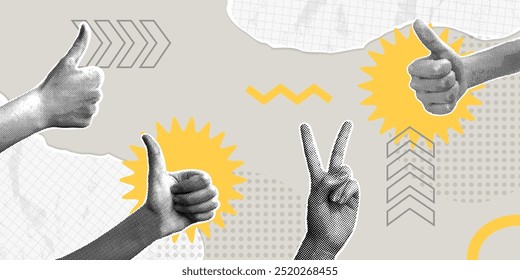 Modern halftone collage. Human hands and gestures everything is great, victory, peace. Optimism concept.