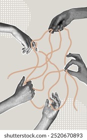 Modern halftone collage. Human hands connected by rope, retro collage from the 80s. Concept of teamwork,success,support,cooperation.