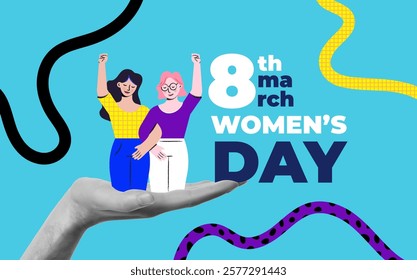 Modern halftone collage for international women's day. March 8 concept. Banner template for International women's day, feminism, protest, gender equality. Vector illustration