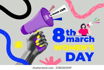 Modern halftone collage for international women's day, woman with woman hand hold megaphone. Banner template for feminism, protest, gender equality. Vector illustration