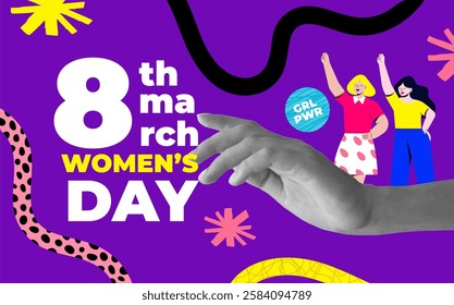 Modern halftone collage for international women's day. March 8 concept. Banner template for International women's day, feminism, protest, gender equality. Vector illustration