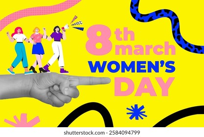 Modern halftone collage for international women's day. March 8 concept. Banner template for International women's day, feminism, protest, gender equality. Vector illustration