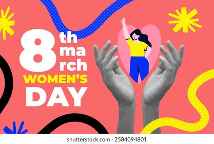 Modern halftone collage for international women's day. March 8 concept. Banner template for International women's day, feminism, protest, gender equality. Vector illustration