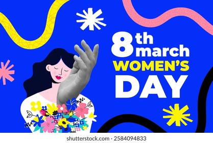 Modern halftone collage for international women's day. March 8 concept. Banner template for International women's day, feminism, protest, gender equality. Vector illustration