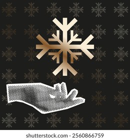 Modern Halftone Collage with luxury gold Metallic snowflake. Halftone Christmas art. Festive vector illustration can used holiday social media card poster. 