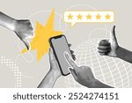 Modern halftone collage. Quality concept, reviews, rating, discussion. Phone with five star rating. Hands with thumbs up and thumbs down gestures.Modern business collage for design