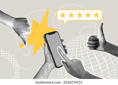 Modern halftone collage. Quality concept, reviews, rating, discussion. Phone with five star rating. Hands with thumbs up and thumbs down gestures.Modern business collage for design