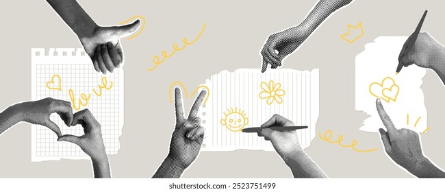 Modern halftone collage. Retro style notes, reminders, memos concept. Set of torn pieces of paper and halftone hands with pen and different gestures. Modern collage for design