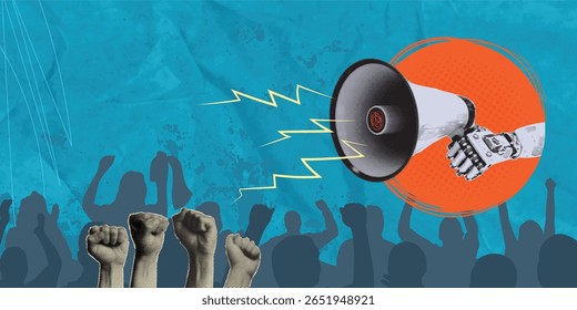 Modern halftone collage of robotic hand holding megaphone with raised fists in background. Grayscale AI model holding megaphone and cheering protesters. Protest. Budget.