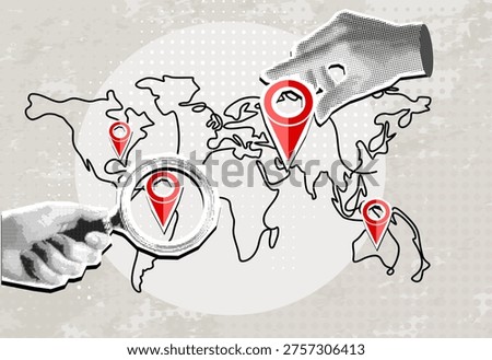 Modern halftone collage, world map locations and travel hand with location pin point, world map, and hand with magnifying glass, worldwide reach