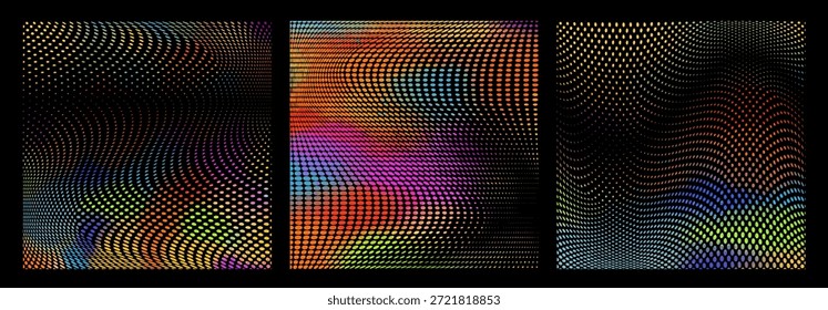 Modern Halftone colored Subtle Pop Art set Texture. Vector waves of dots on a black background. Hand drawn. Not AI minimalist backgrounds