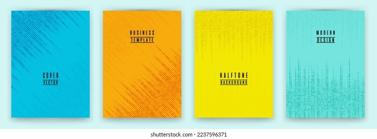 Conjunto de vectores de fondo de rótulo de textura de punto medio-tono moderno. Portada de folleto de las plantillas punteadas. Colección de fondo de banner de patrón geométrico. Disposiciones abstractas de la cubierta. El semitono apunta a la textura.