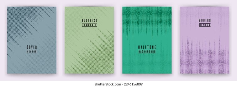 Conjunto de vectores de fondo de rótulo de textura de punto medio-tono moderno. Plantillas de colores de portada de folletos. Colección de fondo de volante de patrones geométricos. Disposiciones abstractas de la cubierta. El semitono apunta a la textura.