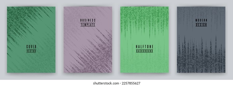 Modern halftone dot texture placard background vector set. Brochure cover page digital templates. Geometric pattern poster backgrounds collection. Typography design graphic templates.