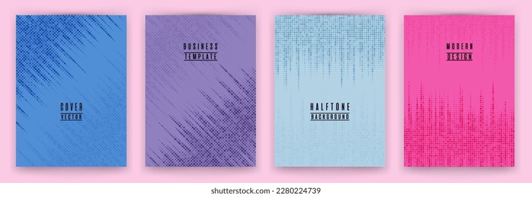 Conjunto de vectores de fondo de rótulo de textura de punto medio-tono moderno. Portada de folleto de las plantillas punteadas. Colección de fondo de banner de patrón geométrico. Diseño de portada de libro de textualidad de elementos de círculo.